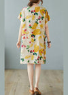 Simple Yellow O Neck Print Dress Cotton Linen Summer