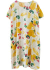 Simple Yellow O Neck Print Dress Cotton Linen Summer